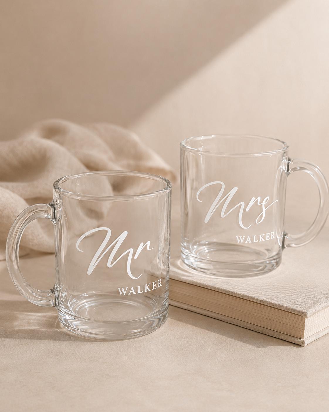 Personalised Mr & Mrs Glass Mug Set