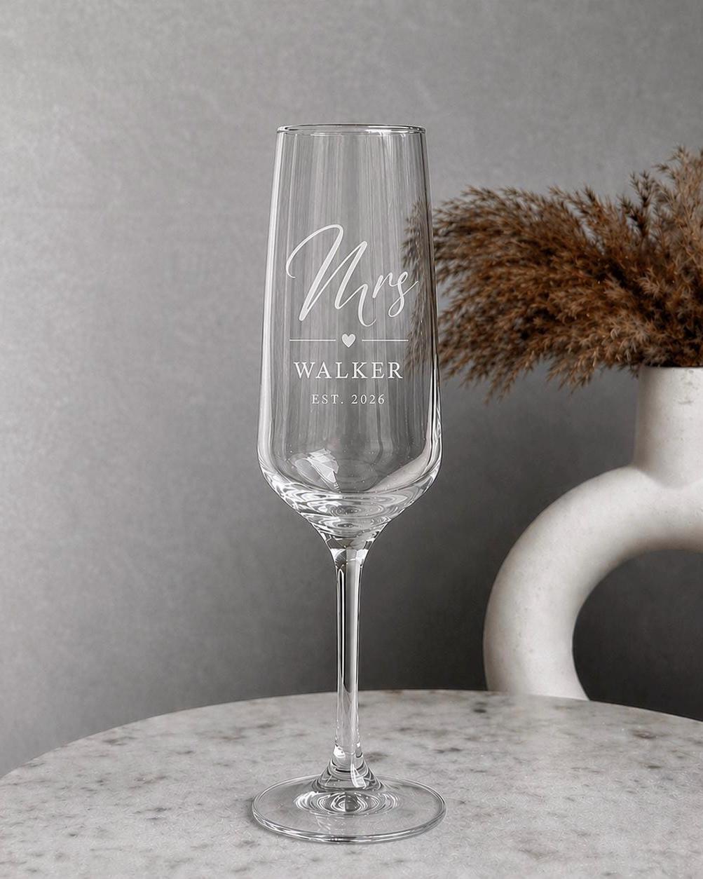 Engraved wedding champagne flutes with permanent frosted finish