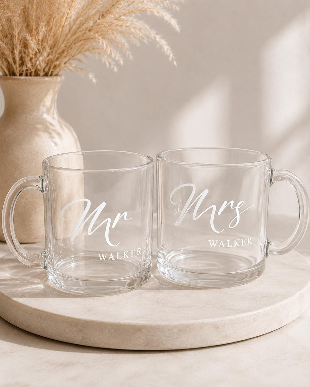 Personalised Mr & Mrs Glass Mug Set