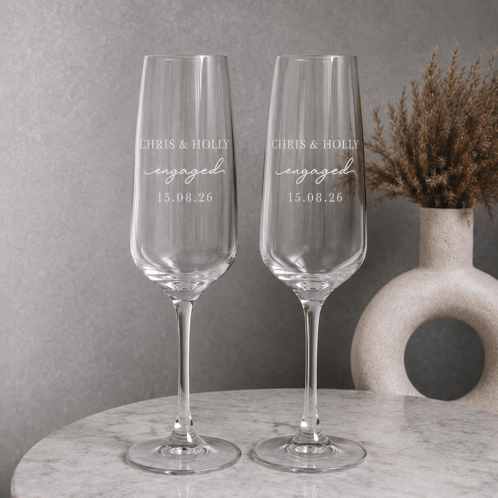 Personalised engagement champagne flutes with names and date