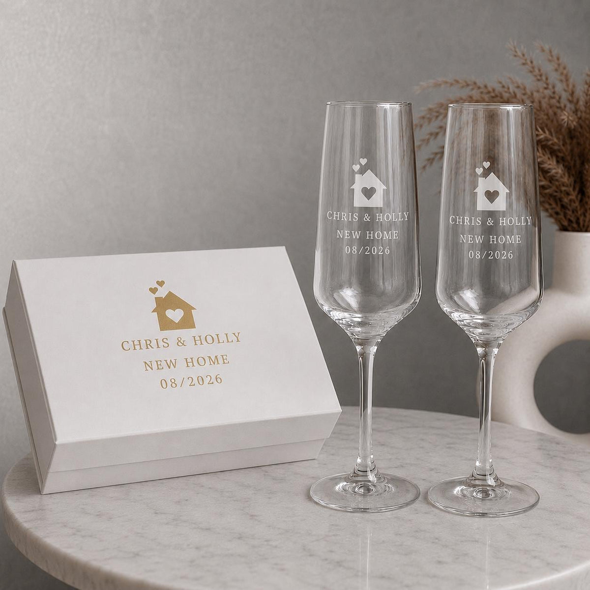 Personalised New Home Champagne Flutes – Surname & Date