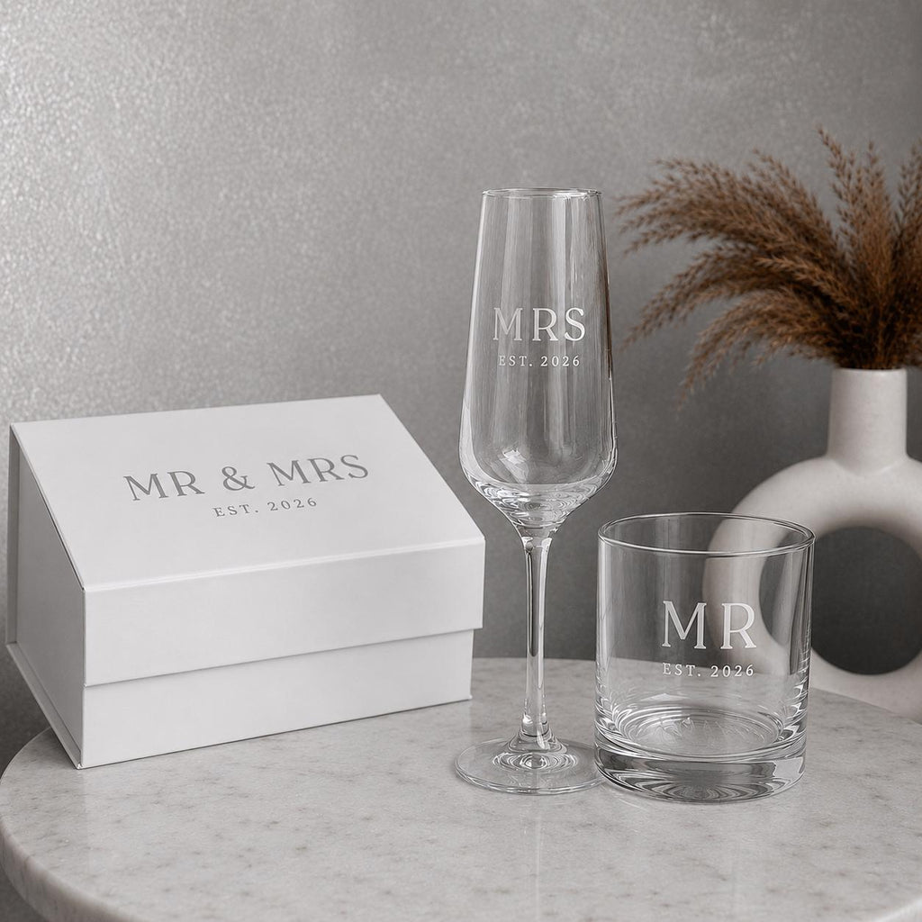 Personalised Mr & Mrs Champagne Flute & Whisky Glass Set