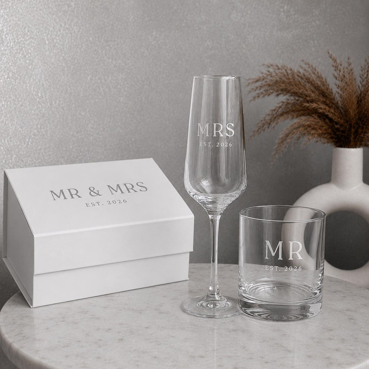 Personalised Mr & Mrs Champagne Flute & Whisky Glass Set