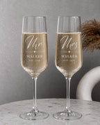 Engraved Mr & Mrs champagne flutes personalised with EST year