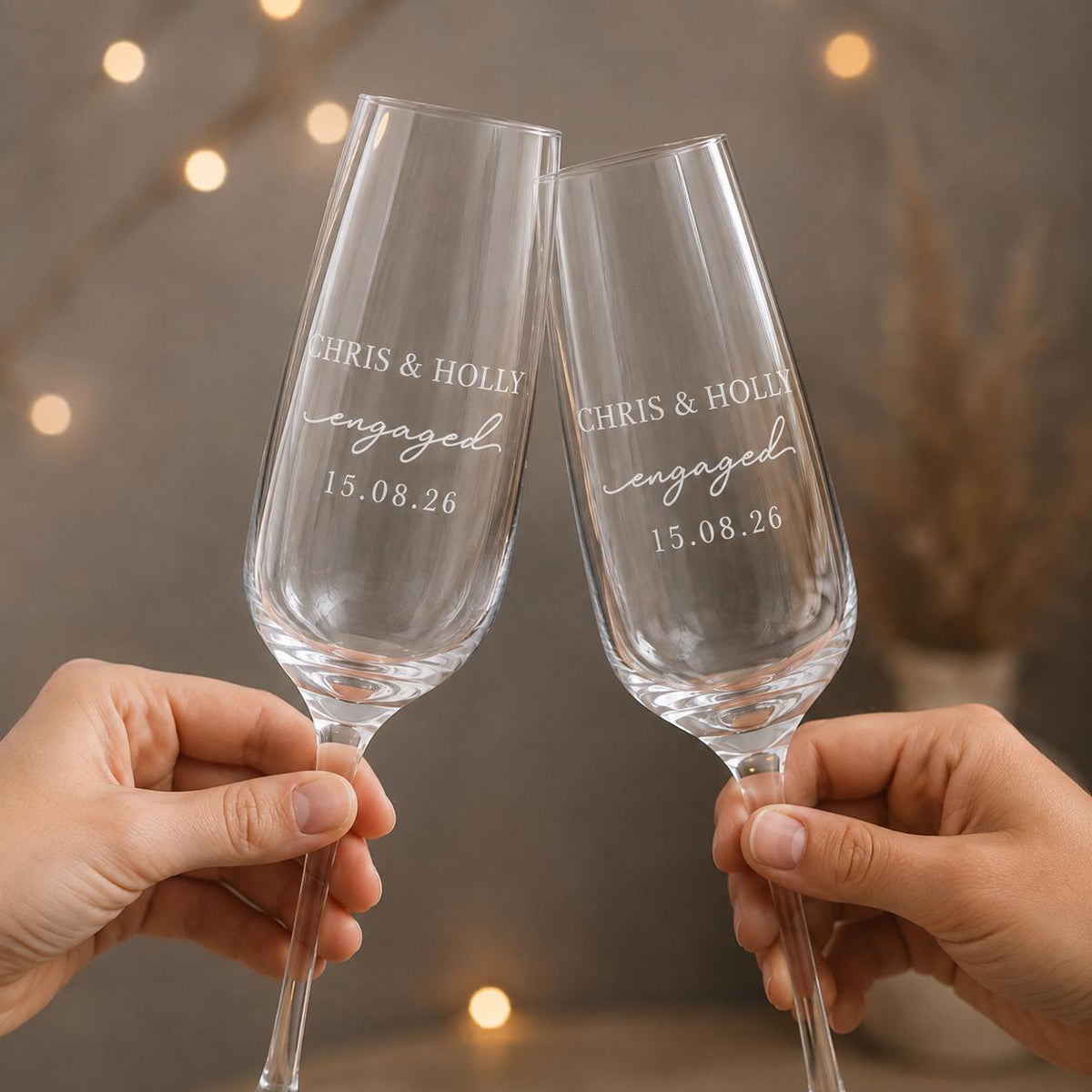 Engagement champagne glass set personalised for a couple