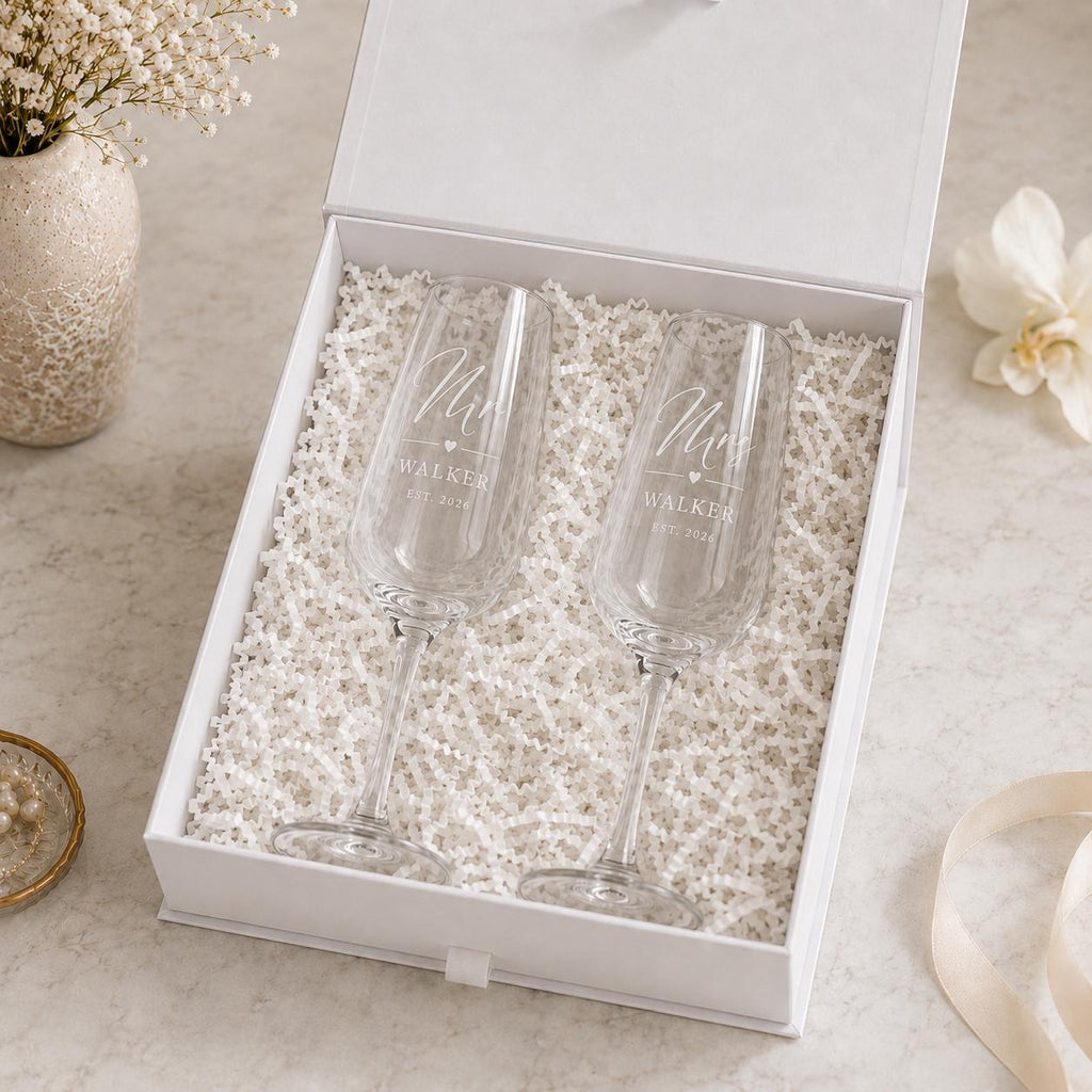 Mr & Mrs etched champagne glasses for a wedding gift