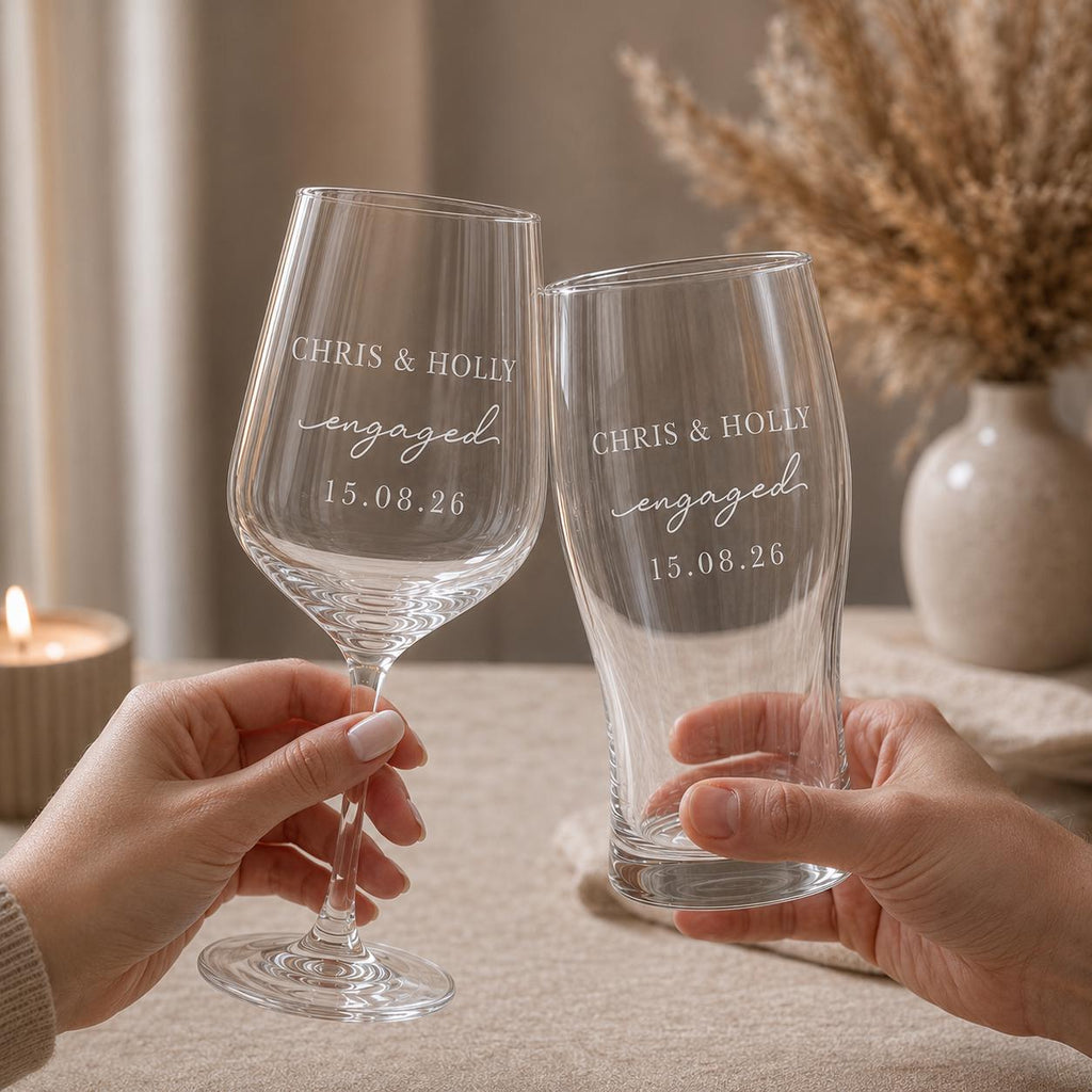 Personalised Engagement Wine & Beer Glass Set