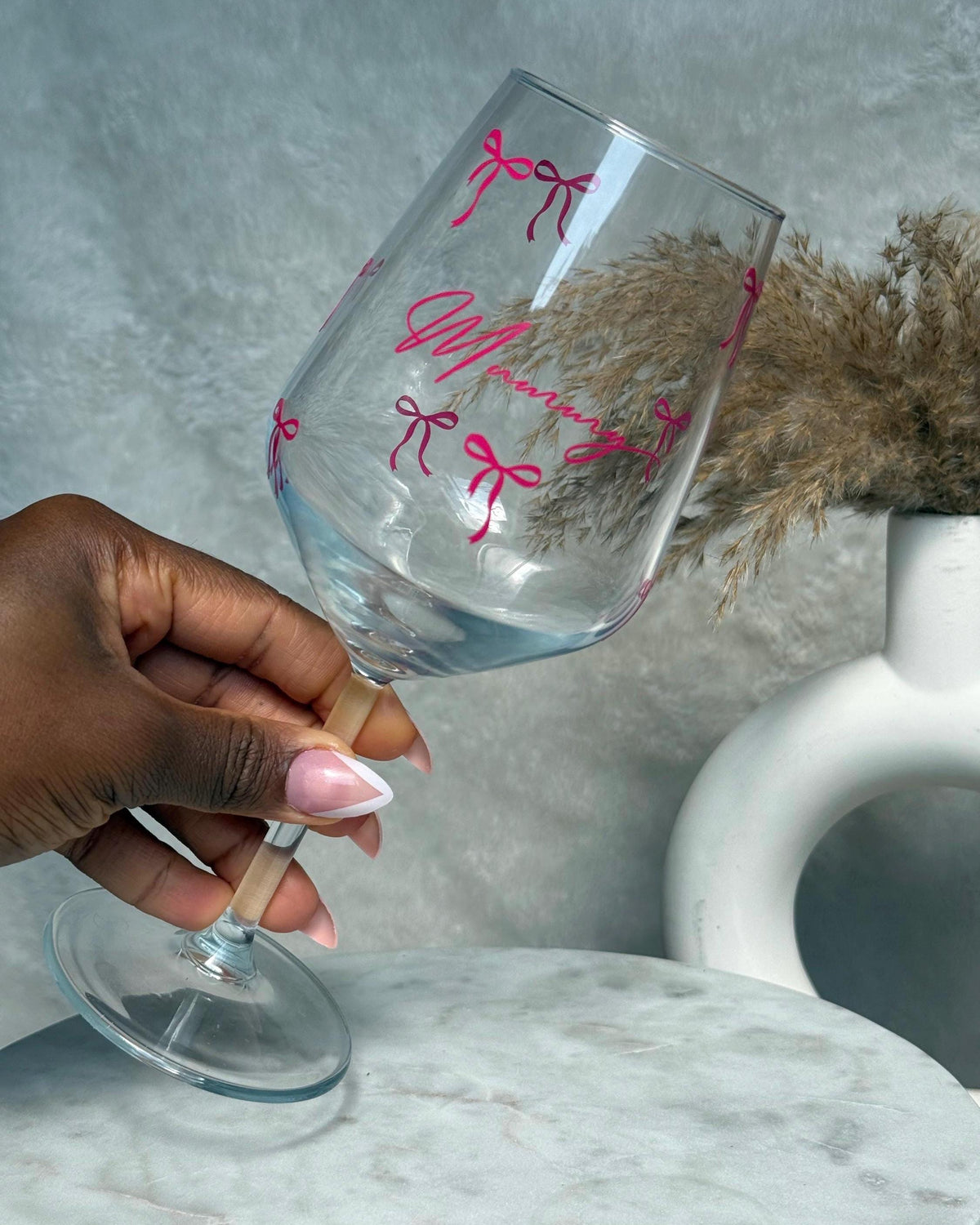 Personalised Mummy Wine Glass with Pink Bow