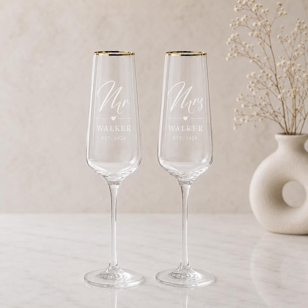 Engraved Gold Rim Mr & Mrs Champagne Flutes – Surname & Date
