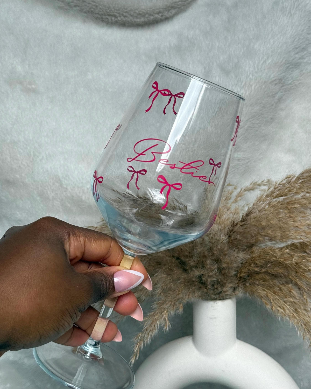Personalised Bestie Wine Glass with Pink Bow