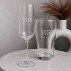 Personalised Mr & Mrs Champagne Flute & Pint Glass Set
