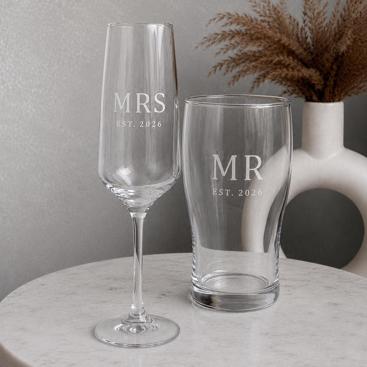 Personalised Mr & Mrs Champagne Flute & Pint Glass Set