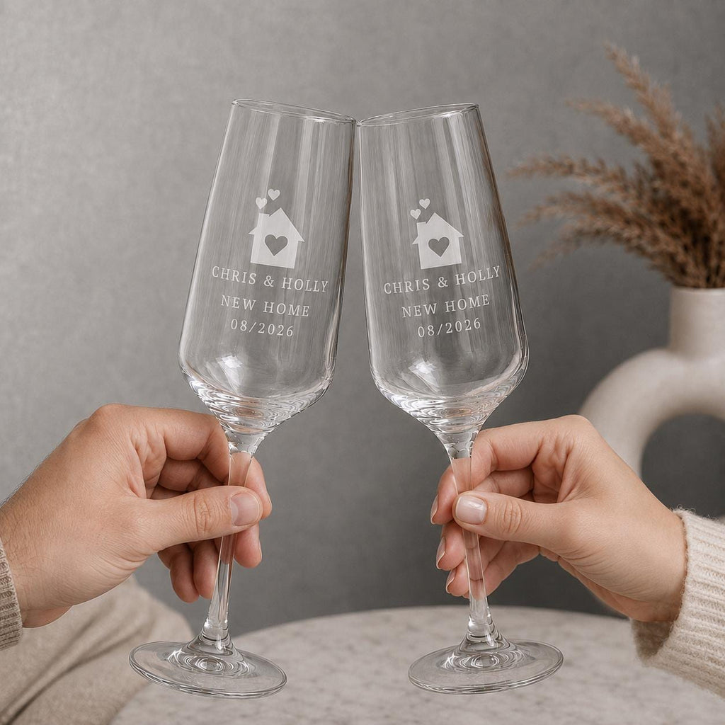 Personalised New Home Champagne Flutes – Surname & Date