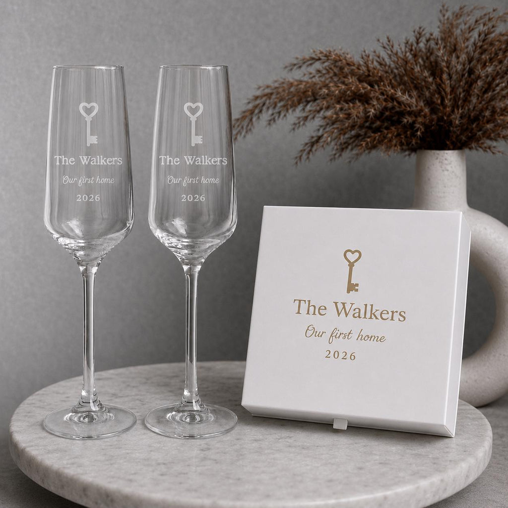 Personalised New Home Champagne Flutes – First Home Gift