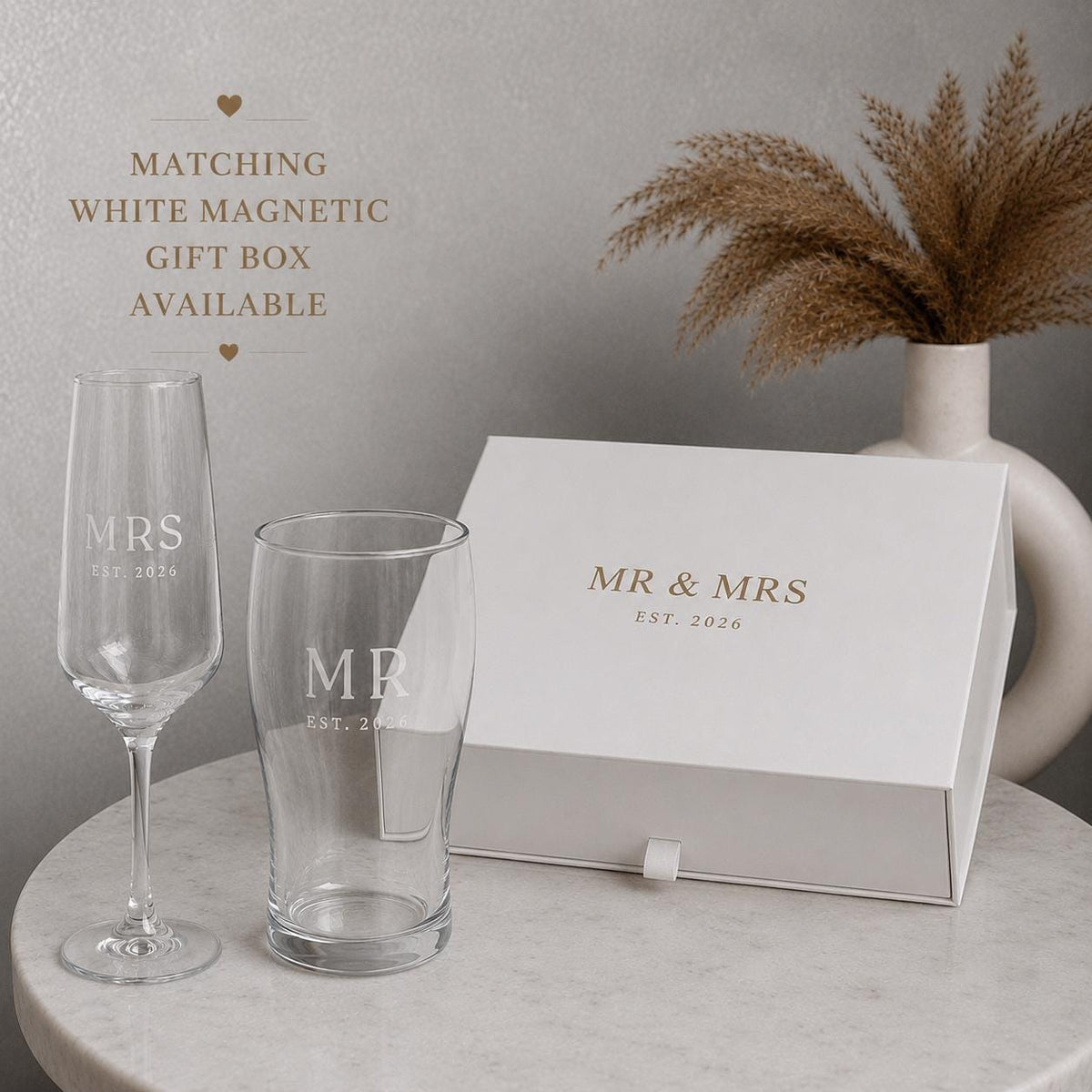 Personalised Mr & Mrs Champagne Flute & Pint Glass Set