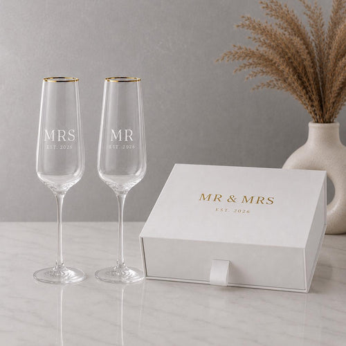 Gold Rim Mr & Mrs Champagne Flutes – Personalised Wedding Set