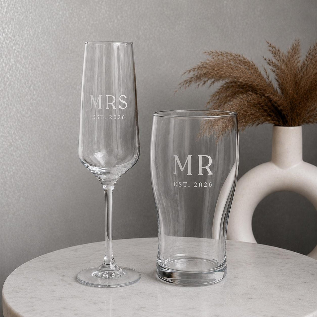 Personalised Mr & Mrs Champagne Flute & Pint Glass Set