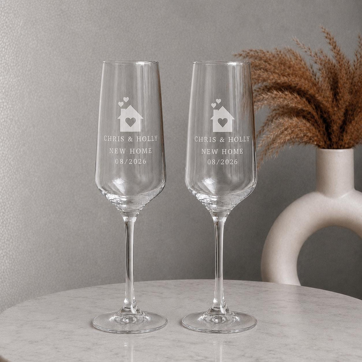 Personalised New Home Champagne Flutes – Surname & Date