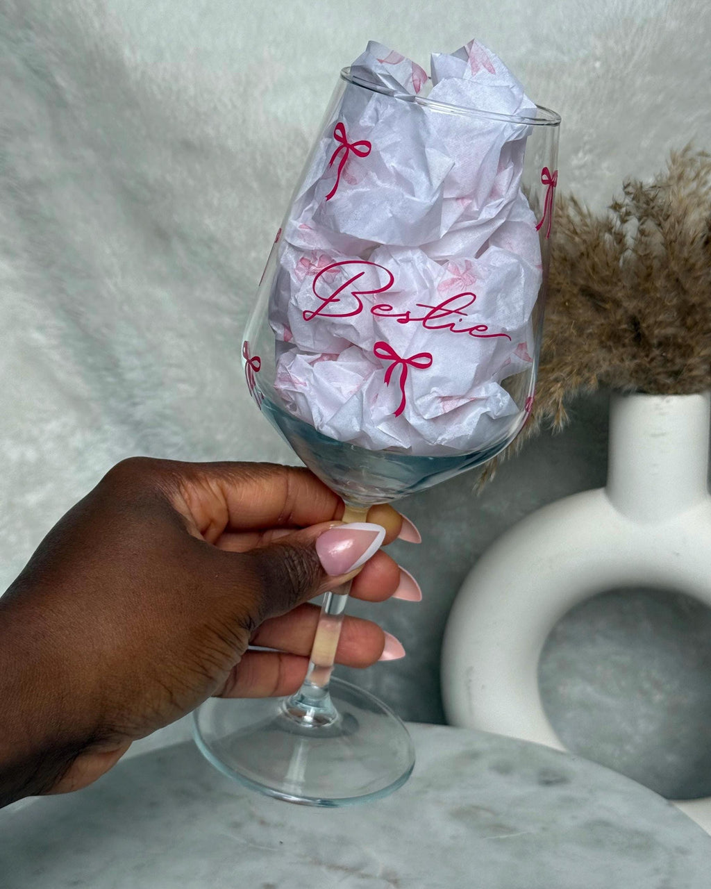 Personalised Bestie Wine Glass with Pink Bow