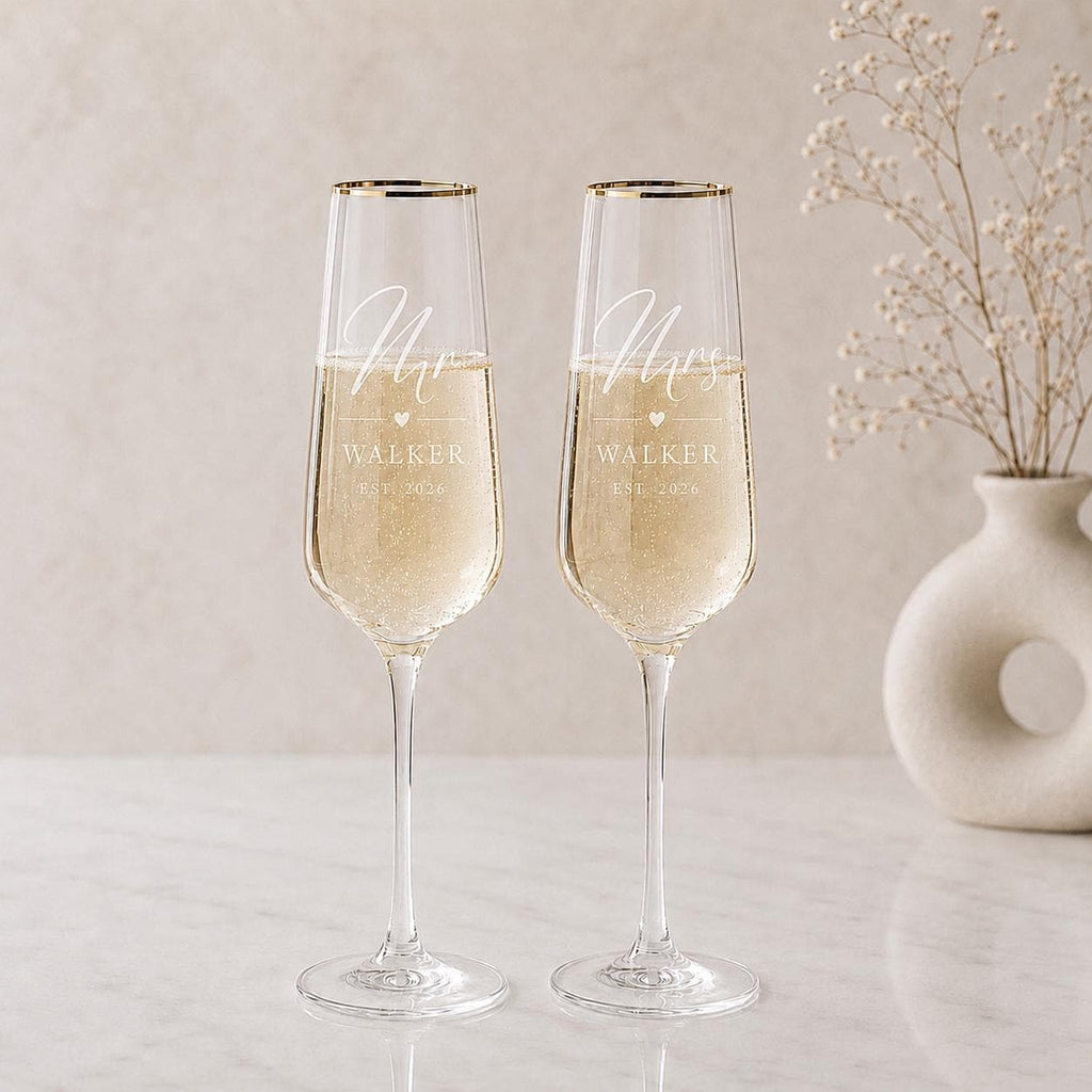 Engraved Gold Rim Mr & Mrs Champagne Flutes – Surname & Date