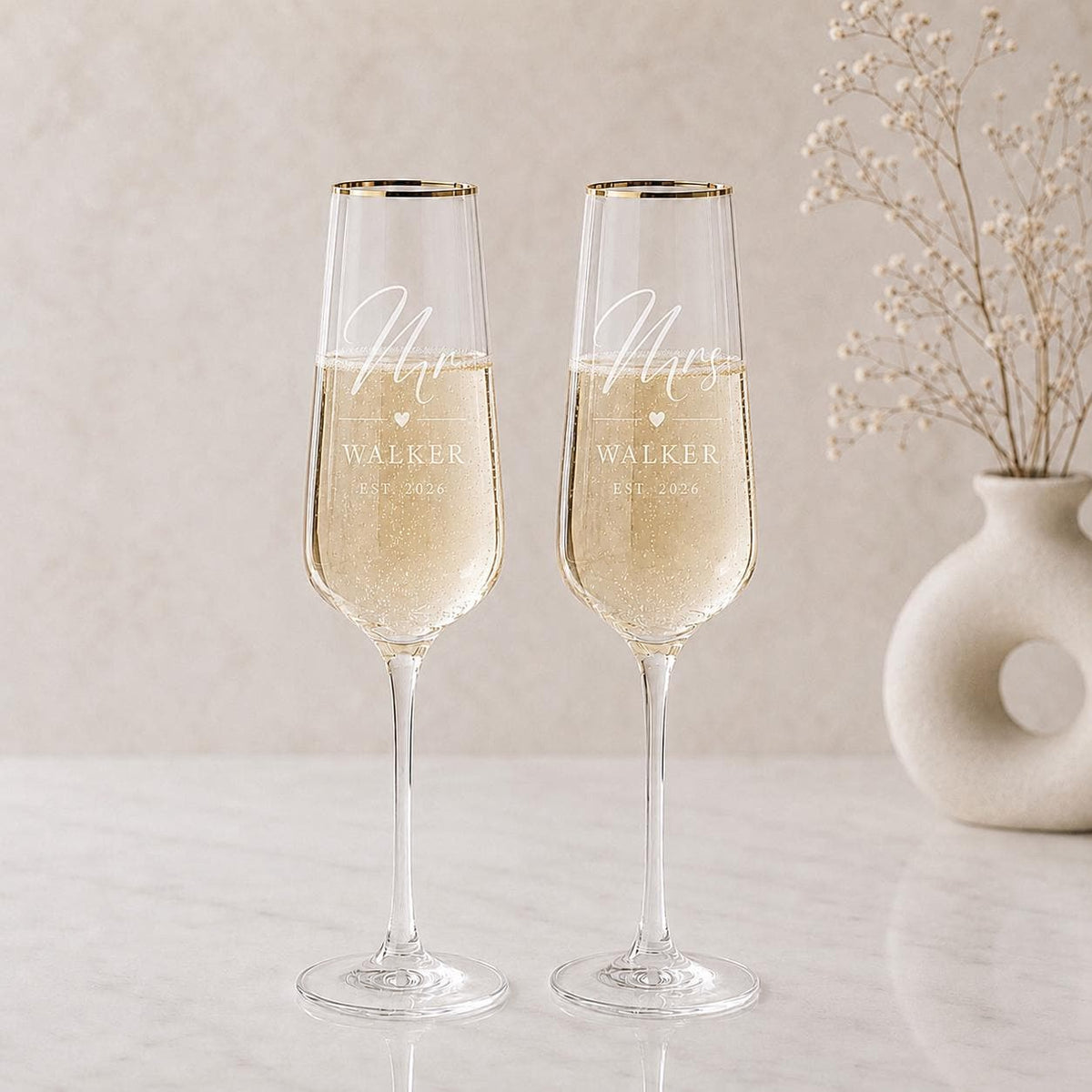 Engraved Gold Rim Mr & Mrs Champagne Flutes – Surname & Date
