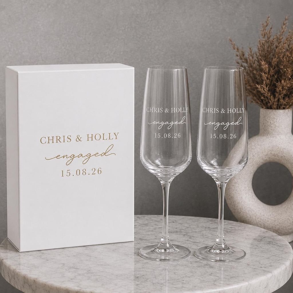 Personalised engaged couple champagne flutes and engagement gift