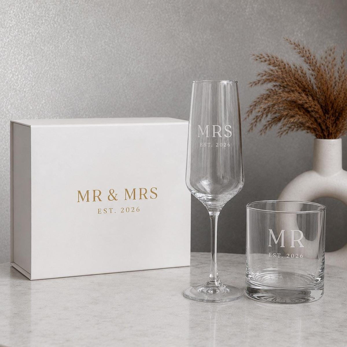 Personalised Mr & Mrs Champagne Flute & Whisky Glass Set