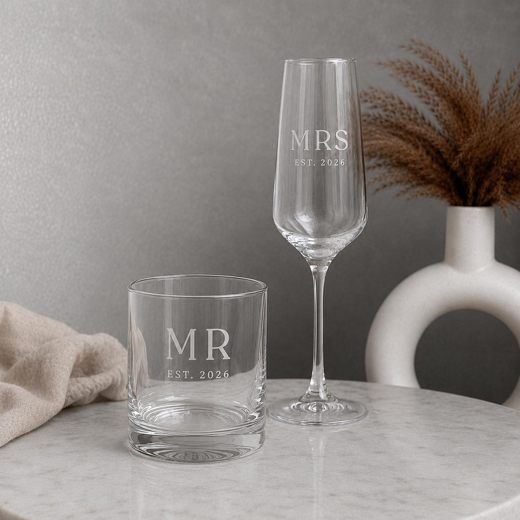 Personalised Mr & Mrs Champagne Flute & Whisky Glass Set
