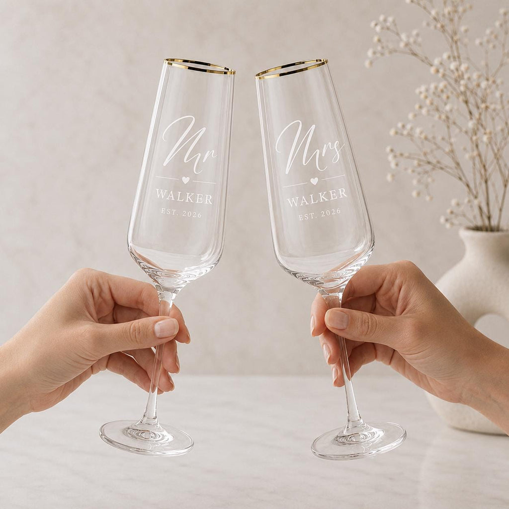 Engraved Gold Rim Mr & Mrs Champagne Flutes – Surname & Date