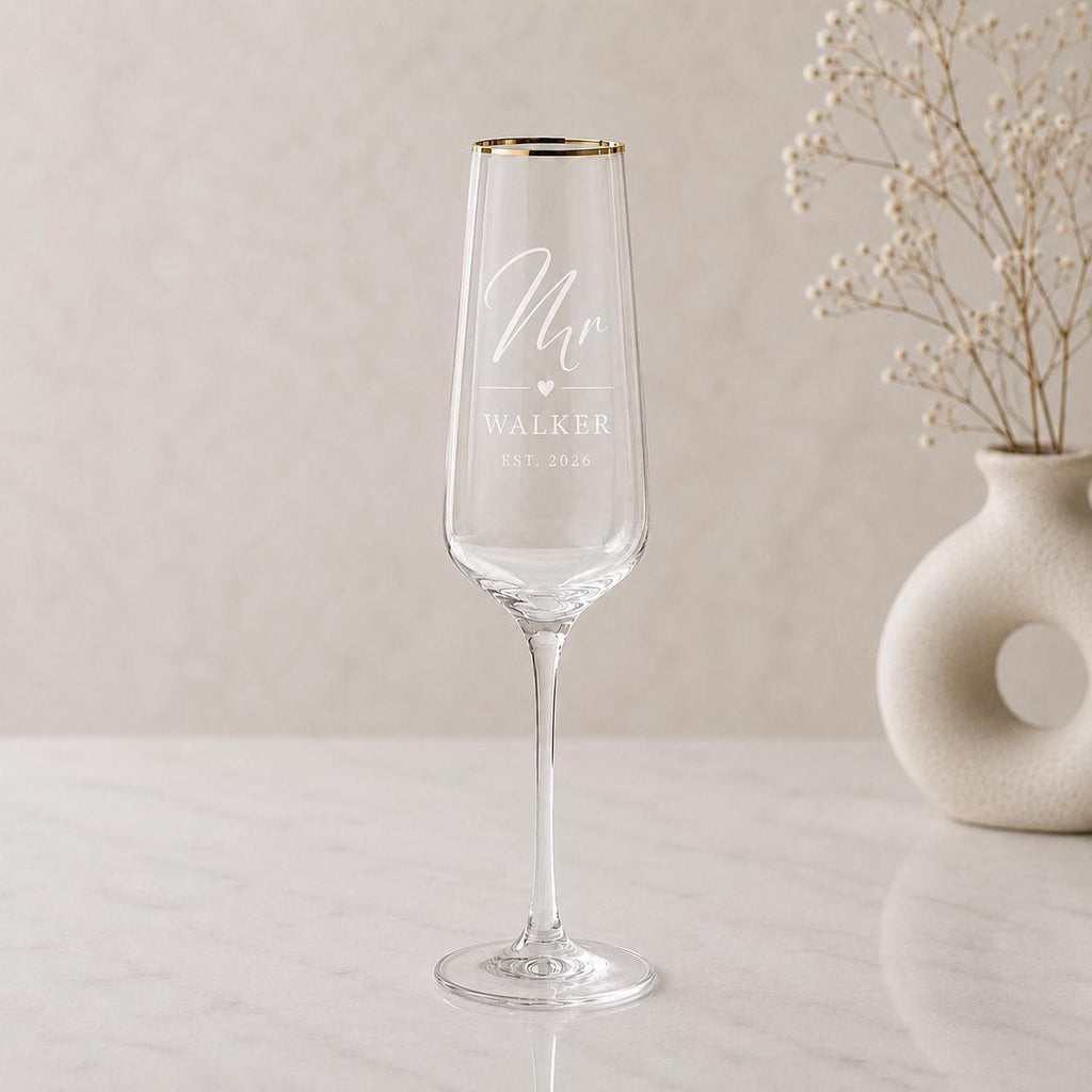 Engraved Gold Rim Mr & Mrs Champagne Flutes – Surname & Date