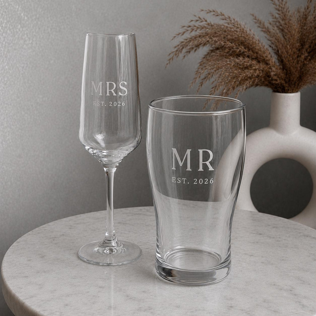 Personalised Mr & Mrs Champagne Flute & Pint Glass Set