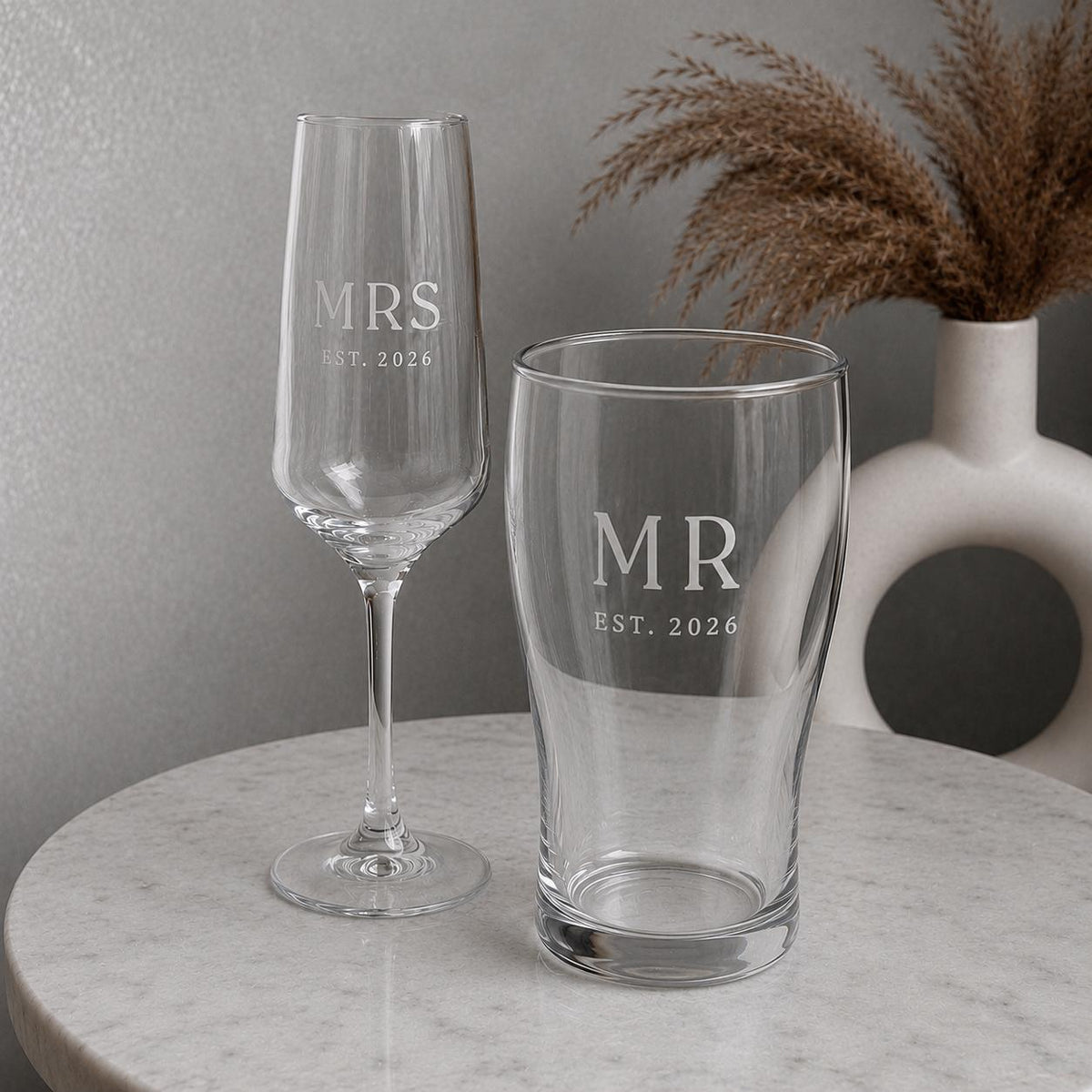 Personalised Mr & Mrs Champagne Flute & Pint Glass Set