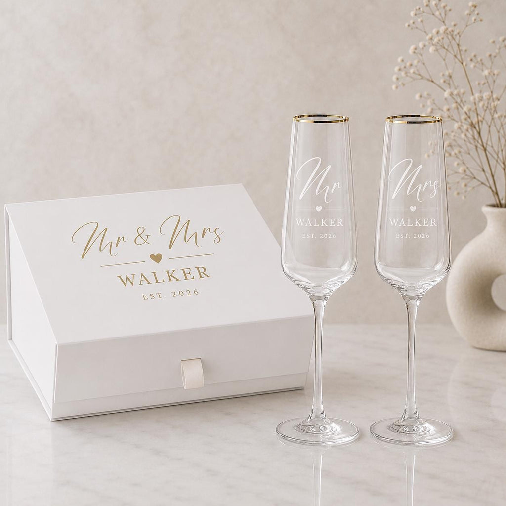 Engraved Gold Rim Mr & Mrs Champagne Flutes – Surname & Date