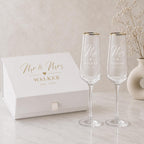 Engraved Gold Rim Mr & Mrs Champagne Flutes – Surname & Date