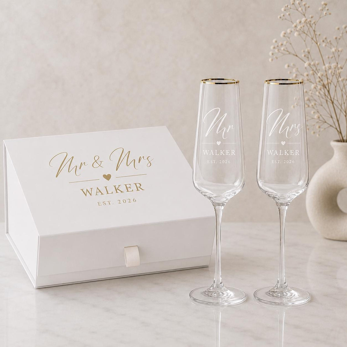Engraved Gold Rim Mr & Mrs Champagne Flutes – Surname & Date