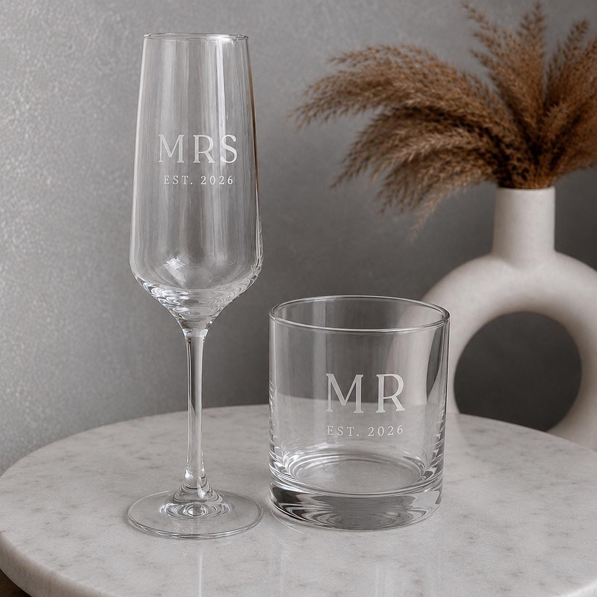 Personalised Mr & Mrs Champagne Flute & Whisky Glass Set