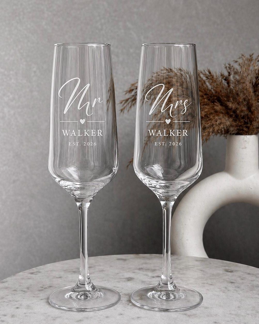 Personalised Mr & Mrs champagne flutes for bride and groom