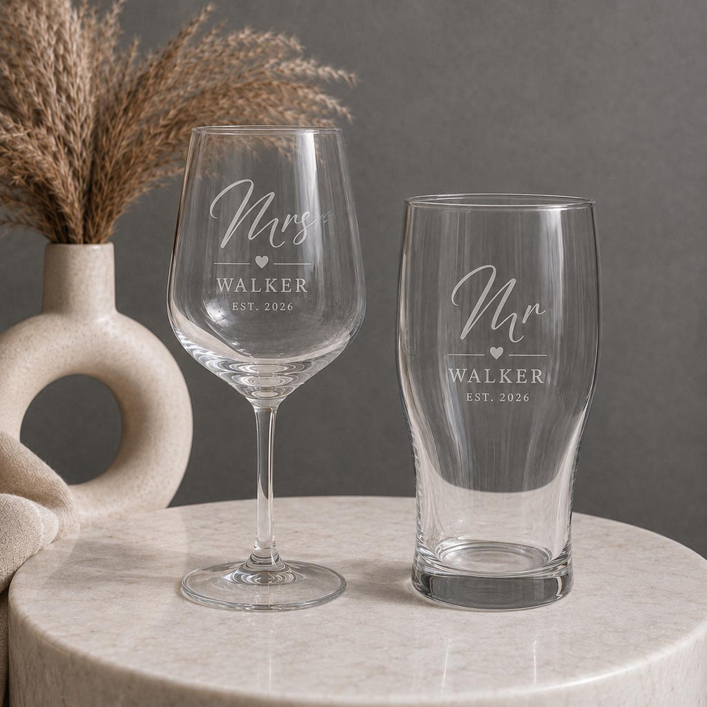 Personalised Mr & Mrs Wine & Pint Glass Set