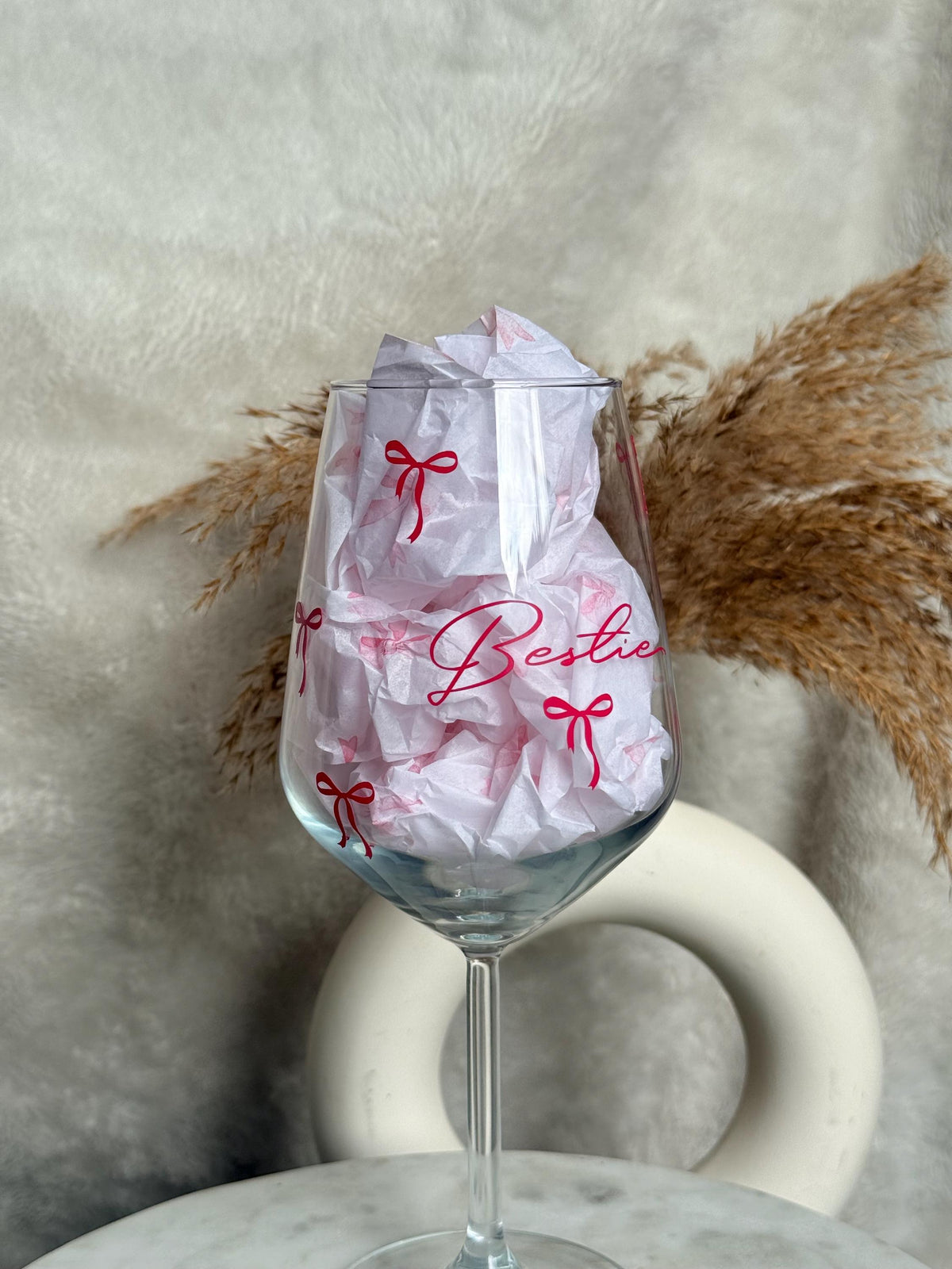 Personalised Bestie Wine Glass with Pink Bow