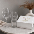 Personalised Mr & Mrs Wine & Pint Glass Set