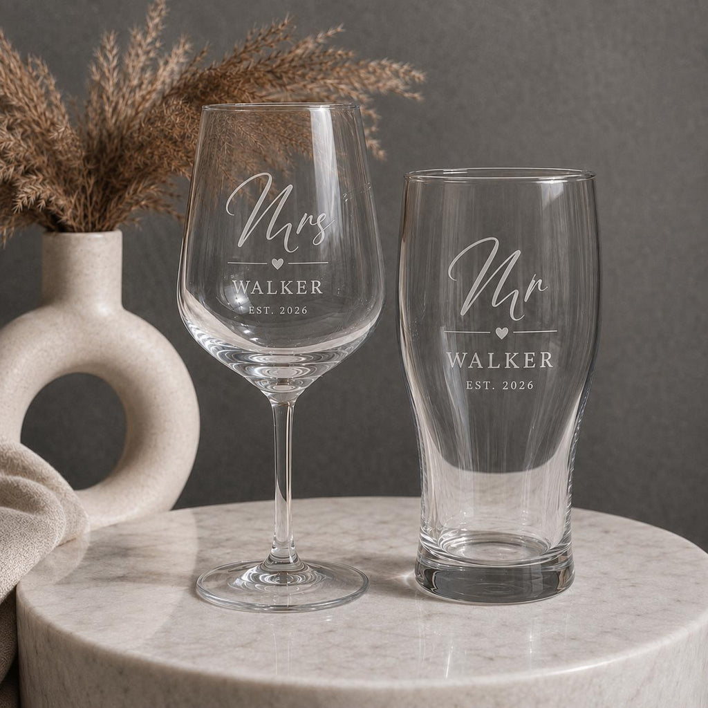Personalised Mr & Mrs Wine & Pint Glass Set
